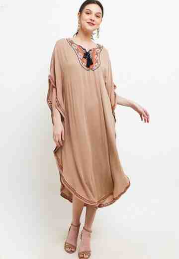 CHIC SIMPLE EMBROIDERED CRINKLE COTTON KAFTAN