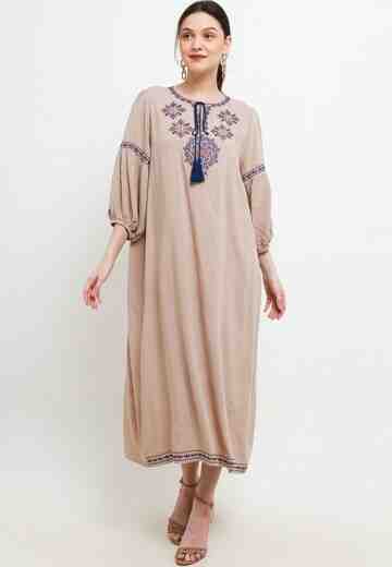 CHIC SIMPLE LANTERN SLEEVE EMBROIDERY RAYON LONG DRESSS