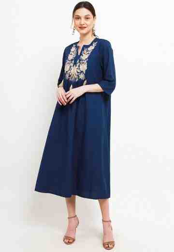 CHIC SIMPLE 3/4 SLEEVE TASSEL DETAIL EMBROIDERY LINEN MAXI DRESS