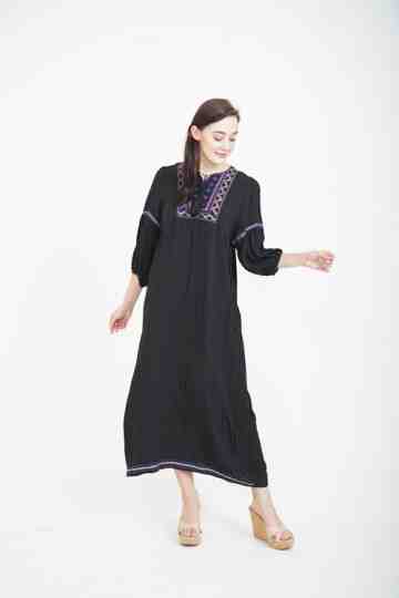 CHIC SIMPLE LANTERN SLEEVE EMBROIDERY RAYON LOONG DRESS