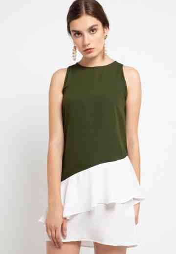 A Line Dress With Frill Hem Crepe Mini Dress Dark Green