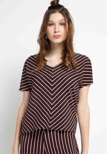 V-Neck Striped Cap Sleeve Knit Top Brown