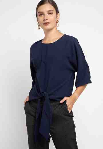 Blouse With Bow Hem Detail - Navy