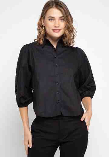 Puff Sleeve Poplin Shirt - Black