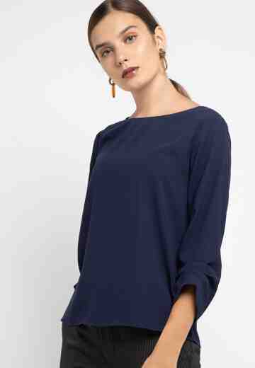 With Pleated Sleeve Blouse - Navy