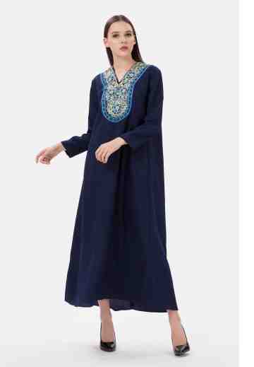 Gold Embroidery Gamis Dress in Navy image