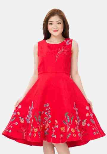 Floral Embroidery Mini Dress in Red image