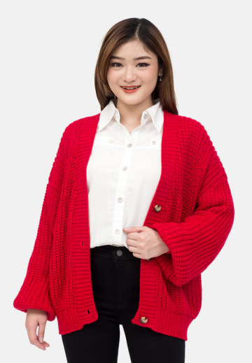 Button Puff Sleeve Knit Cardigan in Red image