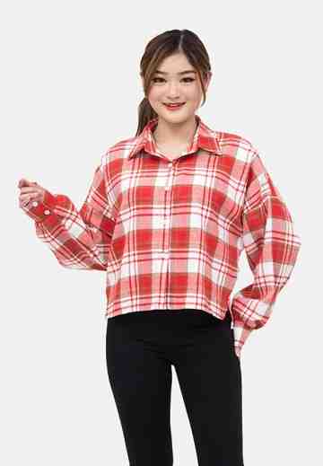 Oversized Crop Plaid Shirt in Red image