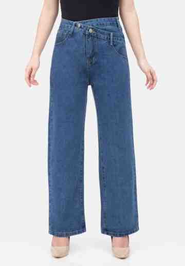 Asymetric Waist Straight Jeans in Blue image