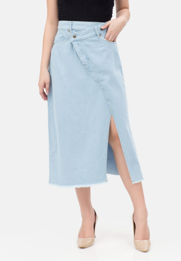 Asymetric Midi Denim Skirt in Light Blue image