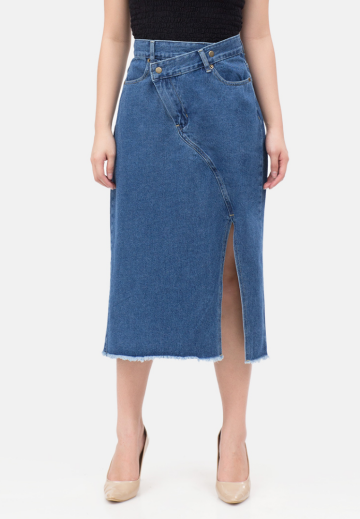 Asymetric Midi Denim Skirt in Blue image
