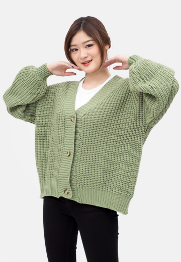Button Puff Sleeve Knit Cardigan in Green image