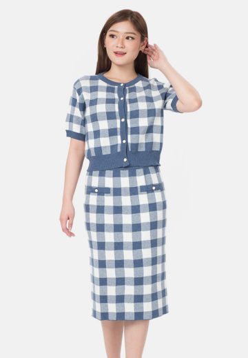 Carol Set Plaid Blouse with Span Skirt in Blue image