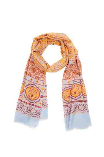 Yellow And Light Blue Scarf With Ethnic Pattern