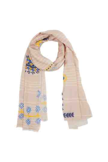 Beige White Stripe Scarf With Combo Pattern