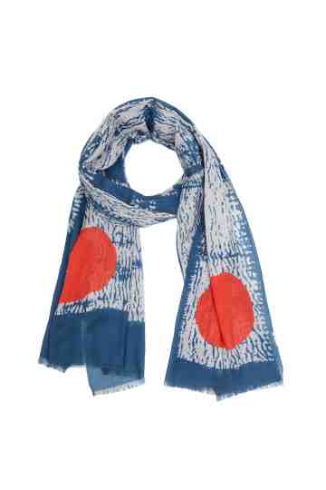Blue And White Scarf With Two Red Dots