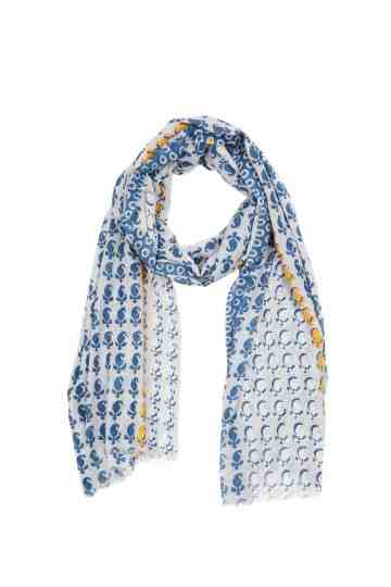 Blue White Scarf With Yellow Flower Border