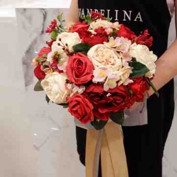 Artificial in Red Peachie Round Style Bridal Bouquet